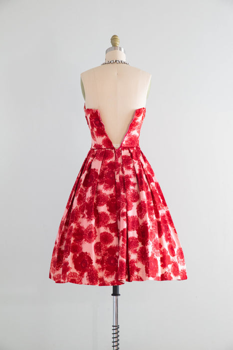 Elegant 1950's Poppy & Dahlia Print Silk Faille Cocktail Party Dress / XXS
