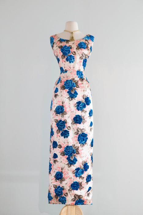 Stunning early 1960's Custom Couture Silk Rose Print Evening Dress / ML
