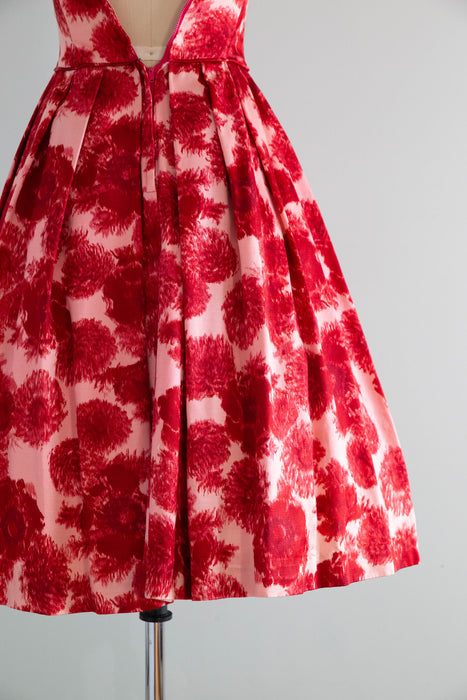 Elegant 1950's Poppy & Dahlia Print Silk Faille Cocktail Party Dress / XXS
