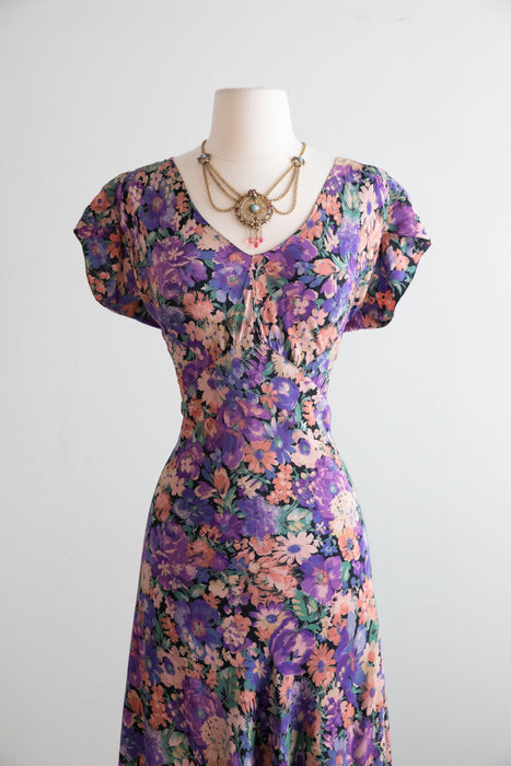 Exquisite 1930's FOGA Late Summer Floral Print Silk Bias Cut Gown / SM