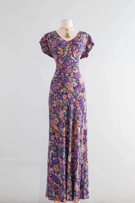 Exquisite 1930's FOGA Late Summer Floral Print Silk Bias Cut Gown / SM