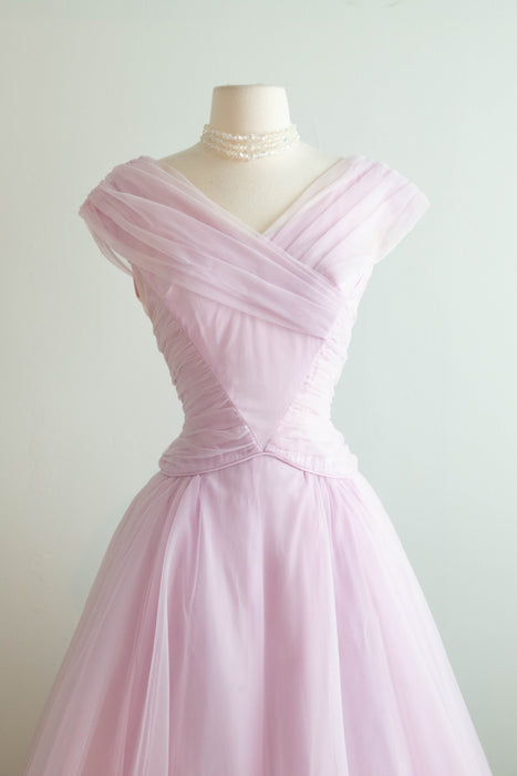 Dreamy 1950's Lilac Chiffon Party Dress With Full Skirt and Princess Neckline / SM