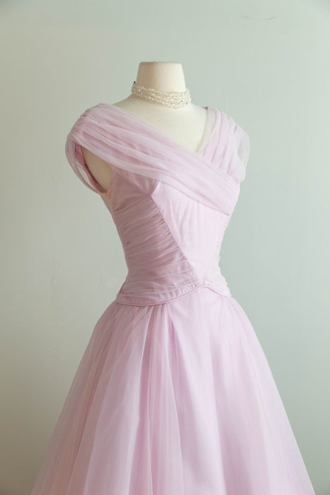 Dreamy 1950's Lilac Chiffon Party Dress With Full Skirt and Princess Neckline / SM