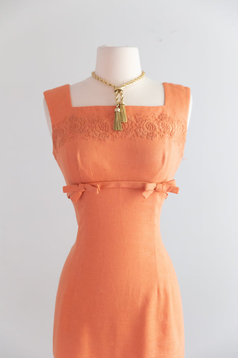 Fabulous 1950's Coral Dahlia Embroidered Linen Wiggle Dress By Carlye / SM