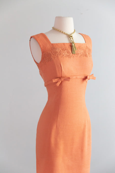 Fabulous 1950's Coral Dahlia Embroidered Linen Wiggle Dress By Carlye / SM