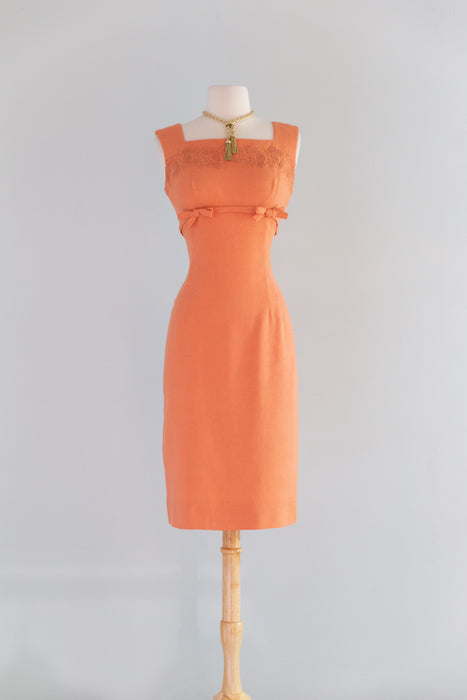 Fabulous 1950's Coral Dahlia Embroidered Linen Wiggle Dress By Carlye / SM