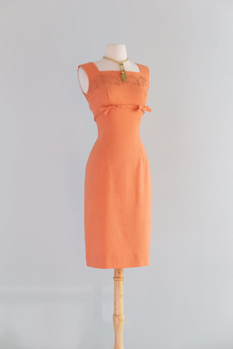 Fabulous 1950's Coral Dahlia Embroidered Linen Wiggle Dress By Carlye / SM