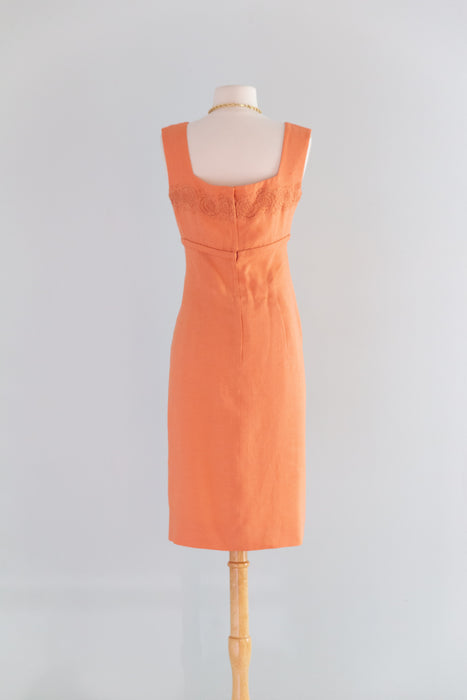 Fabulous 1950's Coral Dahlia Embroidered Linen Wiggle Dress By Carlye / SM