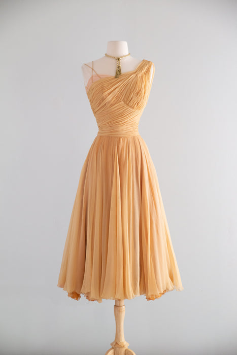 Stunning 1950’s Demi Couture Honey Silk Chiffon Evening Dress / M