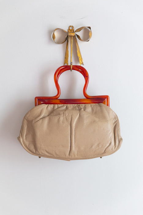 Darling Mid-Century Leather Handbag With Lucite Handle