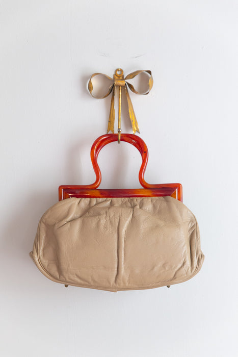 Darling Mid-Century Leather Handbag With Lucite Handle
