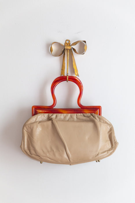 Darling Mid-Century Leather Handbag With Lucite Handle
