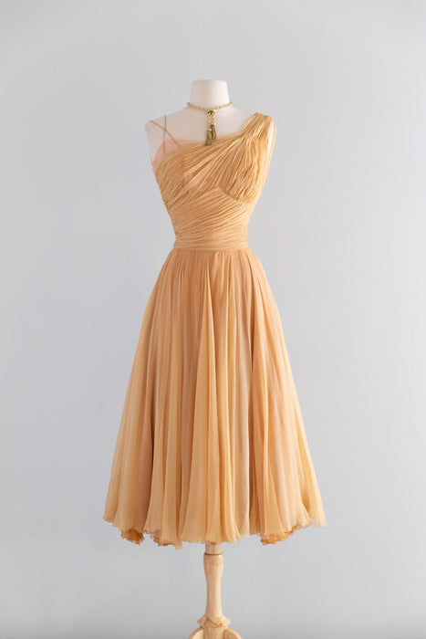 Stunning 1950’s Demi Couture Honey Silk Chiffon Evening Dress / M