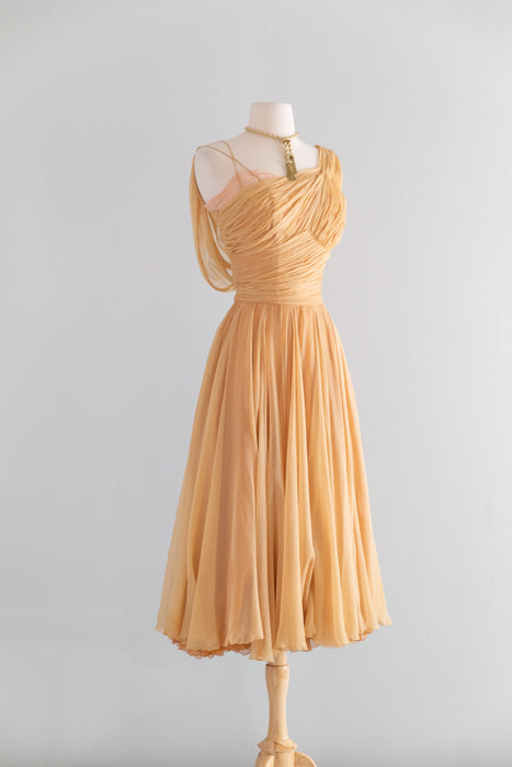Stunning 1950’s Demi Couture Honey Silk Chiffon Evening Dress / M