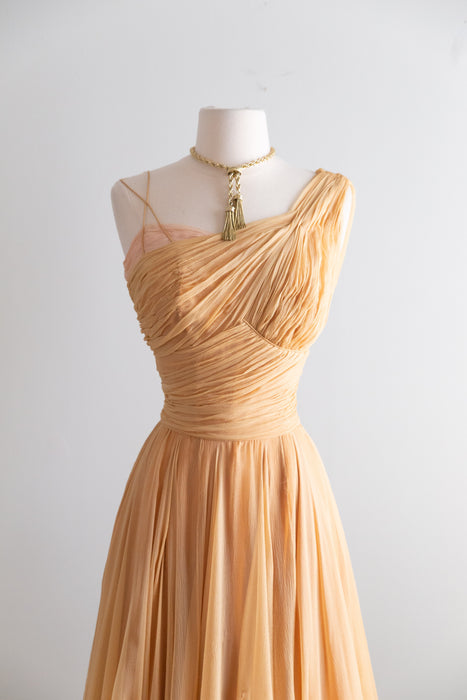 Stunning 1950’s Demi Couture Honey Silk Chiffon Evening Dress / M