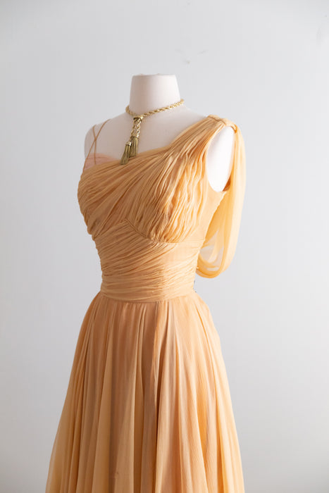 Stunning 1950’s Demi Couture Honey Silk Chiffon Evening Dress / M