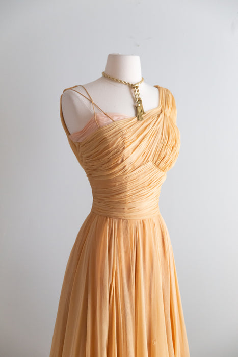 Stunning 1950’s Demi Couture Honey Silk Chiffon Evening Dress / M