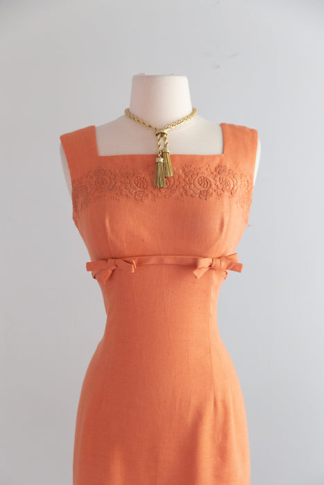 Fabulous 1950's Coral Dahlia Embroidered Linen Wiggle Dress By Carlye / SM
