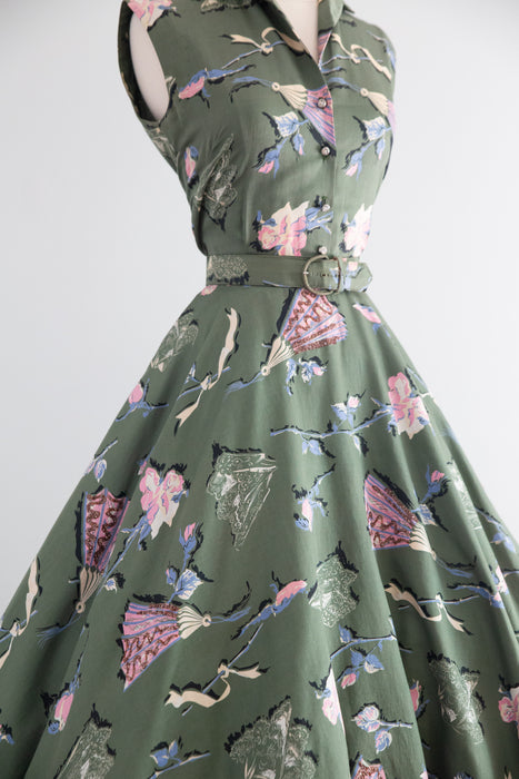 FAN-tastic Rare 1950's Novelty Print Blouse and Skirt Set In Polished Cotton With Glittering Fans / M