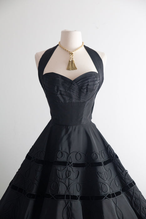 Dramatic 1950's Fred Perlberg Black Halter Dress With Soutache Circle Skirt / SM