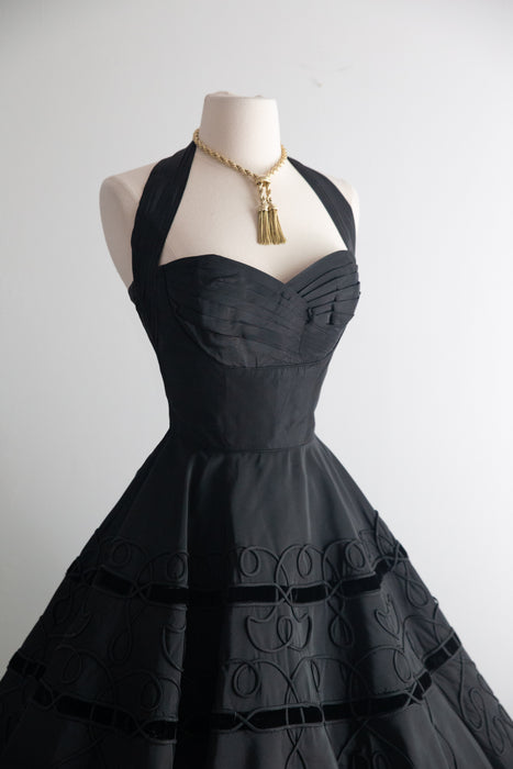 Dramatic 1950's Fred Perlberg Black Halter Dress With Soutache Circle Skirt / SM