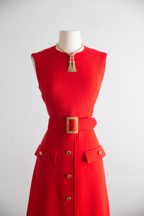Fabulous Late 1960's Cherry Red Wool Dress & Jacket Set  / M