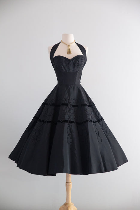 Dramatic 1950's Fred Perlberg Black Halter Dress With Soutache Circle Skirt / SM