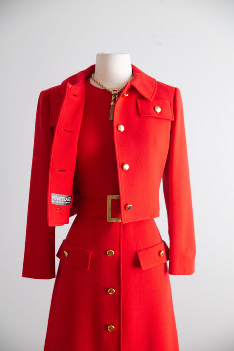 Fabulous Late 1960's Cherry Red Wool Dress & Jacket Set  / M