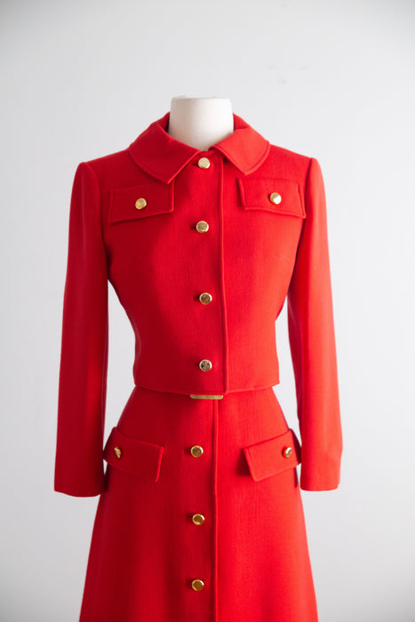 Fabulous Late 1960's Cherry Red Wool Dress & Jacket Set  / M