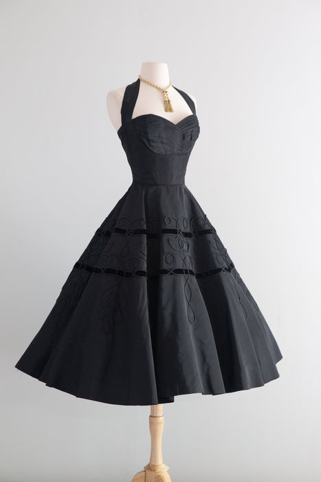 Dramatic 1950's Fred Perlberg Black Halter Dress With Soutache Circle Skirt / SM