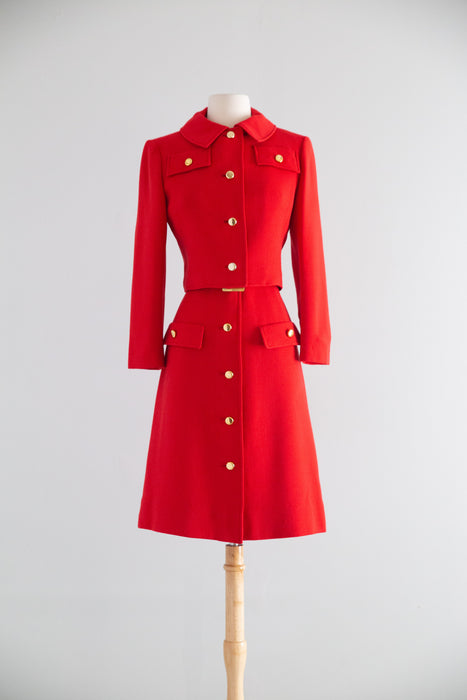 Fabulous Late 1960's Cherry Red Wool Dress & Jacket Set  / M