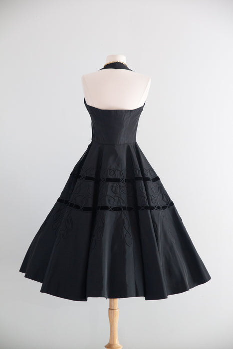 Dramatic 1950's Fred Perlberg Black Halter Dress With Soutache Circle Skirt / SM