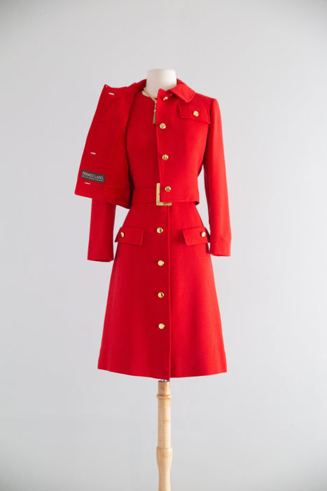 Fabulous Late 1960's Cherry Red Wool Dress & Jacket Set  / M