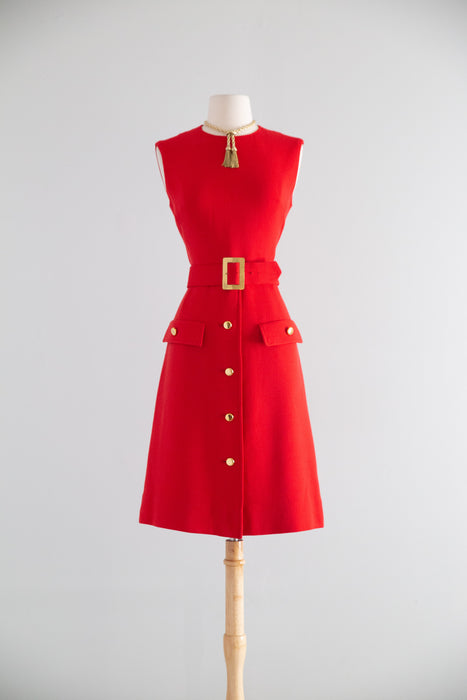 Fabulous Late 1960's Cherry Red Wool Dress & Jacket Set  / M