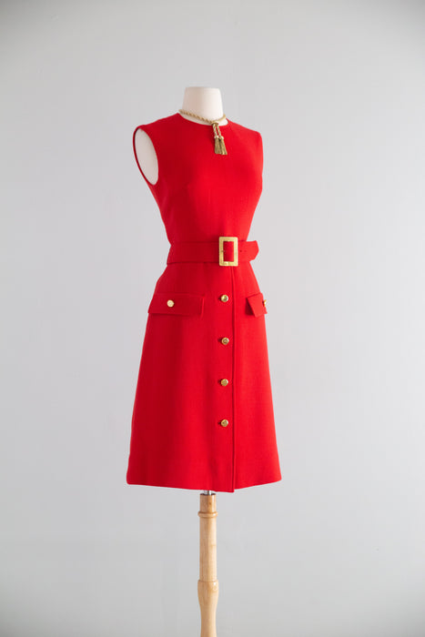 Fabulous Late 1960's Cherry Red Wool Dress & Jacket Set  / M