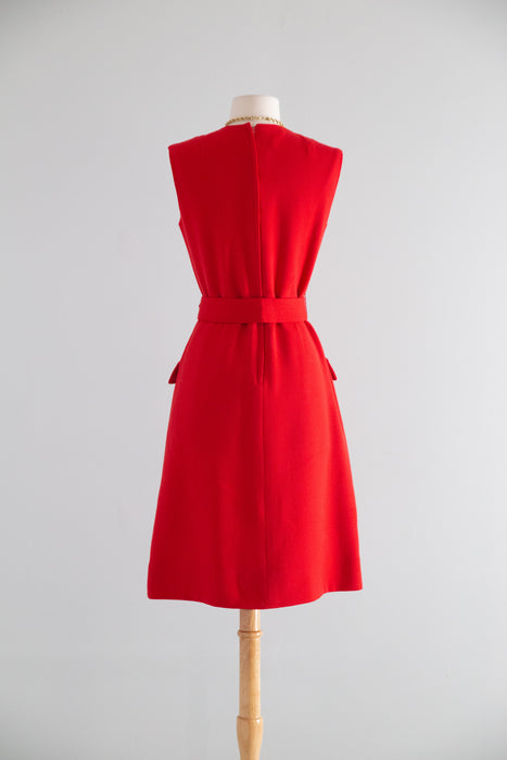 Fabulous Late 1960's Cherry Red Wool Dress & Jacket Set  / M