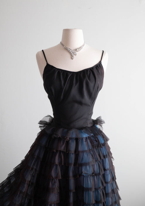 Spectacular 1950's Black Tiered Evening Gown In Black & Blue / XS