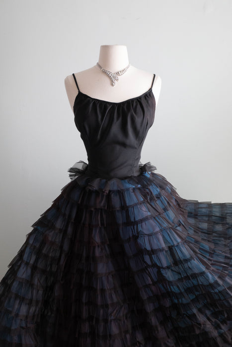 Spectacular 1950's Black Tiered Evening Gown In Black & Blue / XS