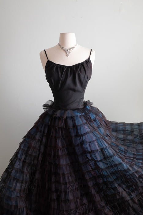 Spectacular 1950's Black Tiered Evening Gown In Black & Blue / XS