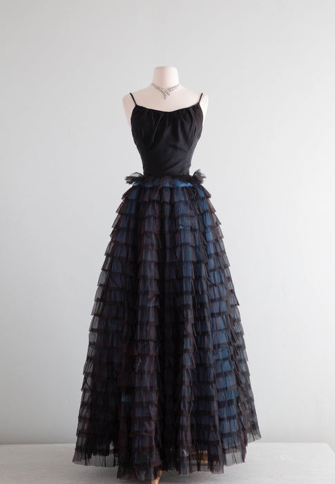 Spectacular 1950's Black Tiered Evening Gown In Black & Blue / XS