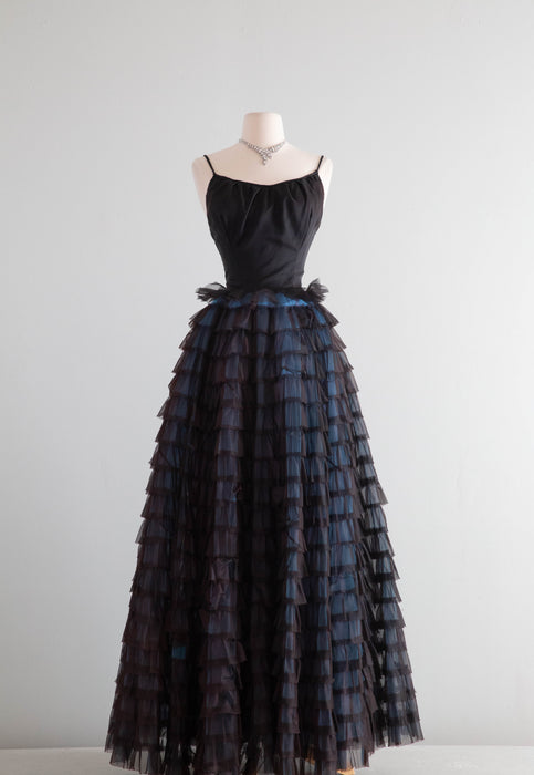 Spectacular 1950's Black Tiered Evening Gown In Black & Blue / XS