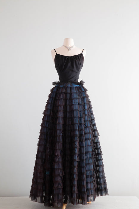 Spectacular 1950's Black Tiered Evening Gown In Black & Blue / XS