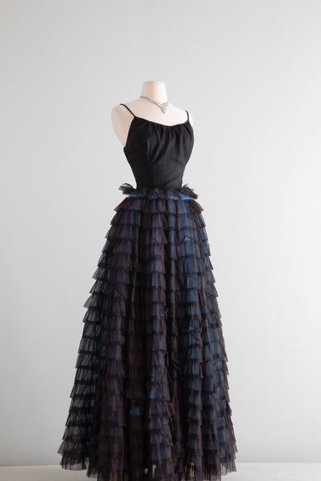 Spectacular 1950's Black Tiered Evening Gown In Black & Blue / XS