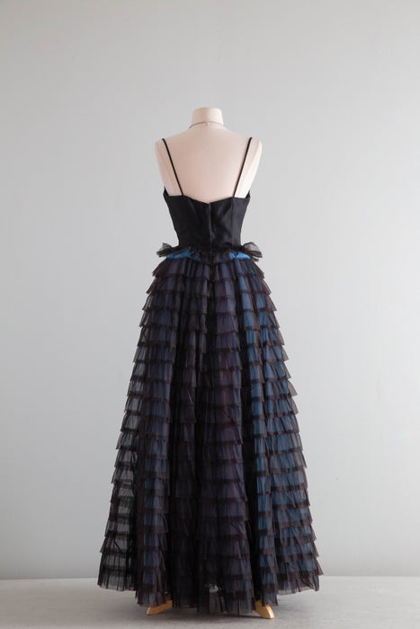 Spectacular 1950's Black Tiered Evening Gown In Black & Blue / XS