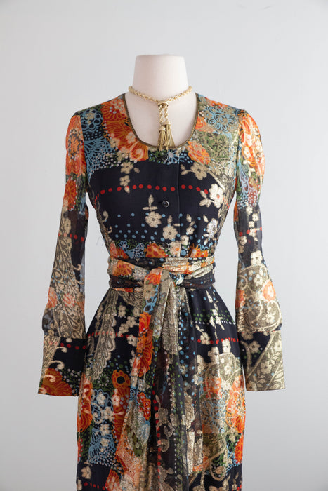 Fabulous 1970's Pauline Trigere Autumnal Night Garden Silk Lame' Evening Gown / S