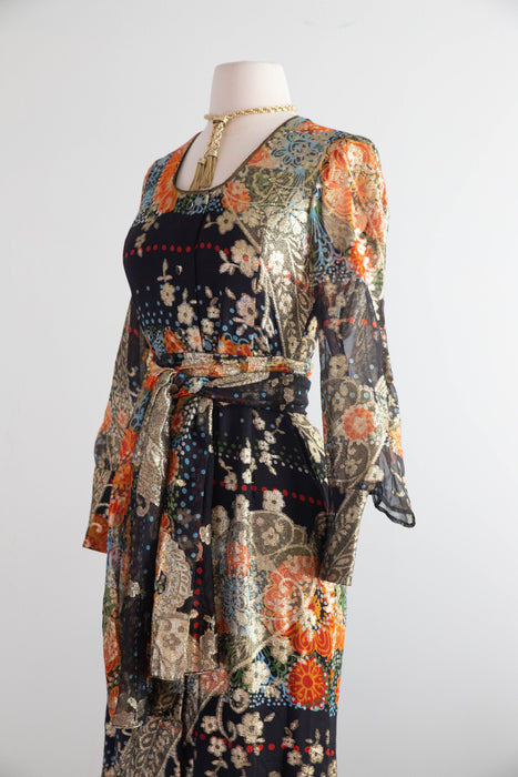Fabulous 1970's Pauline Trigere Autumnal Night Garden Silk Lame' Evening Gown / S
