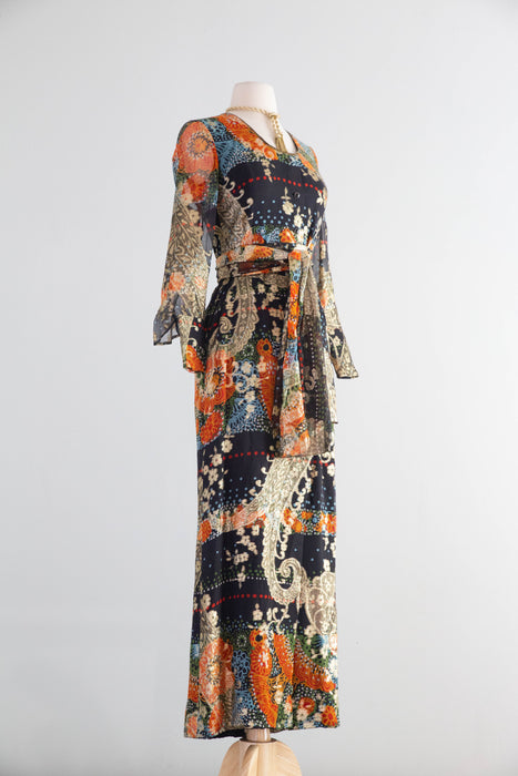 Fabulous 1970's Pauline Trigere Autumnal Night Garden Silk Lame' Evening Gown / S