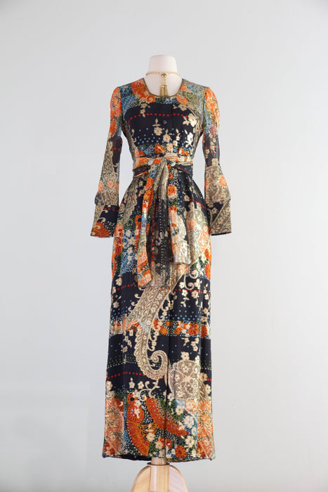 Fabulous 1970's Pauline Trigere Autumnal Night Garden Silk Lame' Evening Gown / S