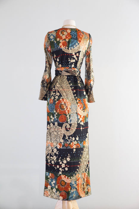Fabulous 1970's Pauline Trigere Autumnal Night Garden Silk Lame' Evening Gown / S