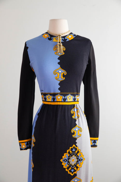 Chic 1970's Paganne By Gene Berk Border Print Jersey Dress / ML
